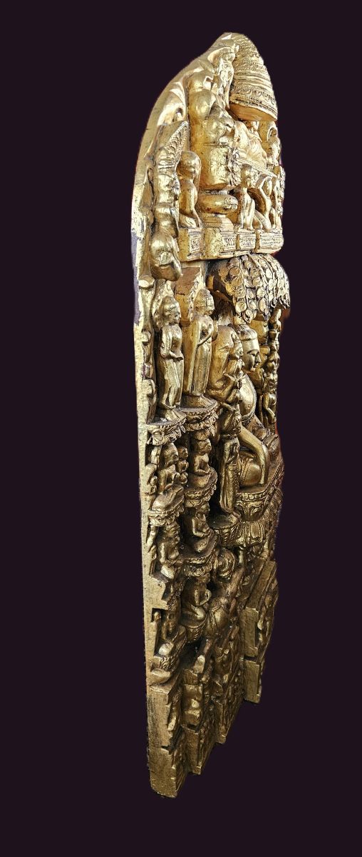 Burmese 1 mtr Gilded Carving - Main Life Events 4 Burmese Wood Carving 8 great Main events - Buddha's Life - Side profile