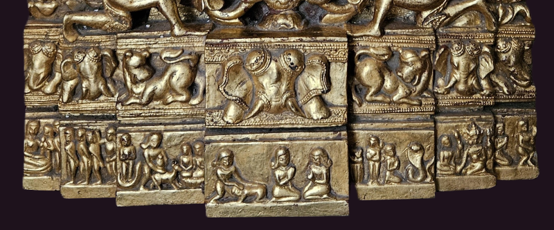 Burmese 1 mtr Gilded Carving - Main Life Events 6 Bottom Register - Burmese Wood Carving showing events and scenes in the life of the Buddha carved across the base