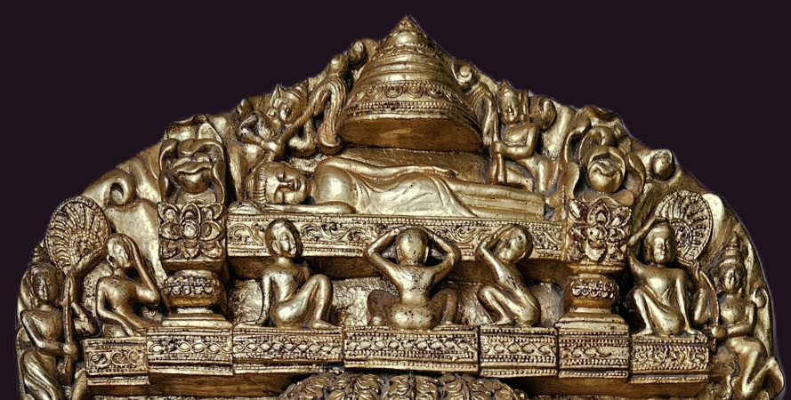 Burmese 1 mtr Gilded Carving - Main Life Events 2 Burmese Wooden Stele - Buddha Parinirvana Scene - the death of the Buddha