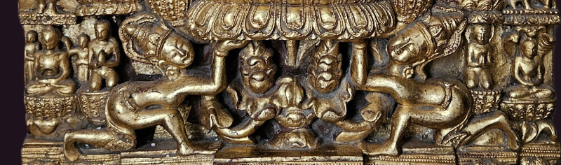 Burmese 1 mtr Gilded Carving - Main Life Events 7 Burmese Wooden Stele - Buddhist Iconography - Naga Kings supporting the pedestal on whoch the Buddha sits