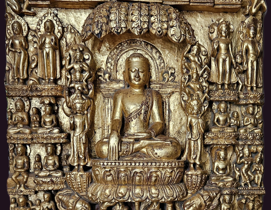 Burmese 1 mtr Gilded Carving - Main Life Events 1 Burmese Wooden Stele - the Buddha sits with his fingers touching the earth at the moment of his enlightenment