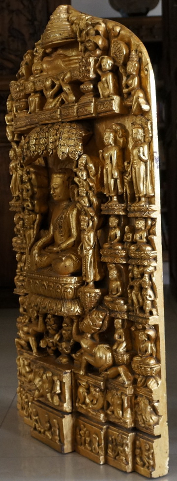 Burmese 1 mtr Gilded Carving - Main Life Events 3 Burmese Wooden carving showing 8 great events in the life of the Buddha and the 7 weeks after - side front view