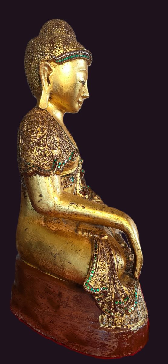 Burmese Mandalay Wood Buddha Statue 2 Burmese Antique Mandalay Gilded Buddha Statue - side profile