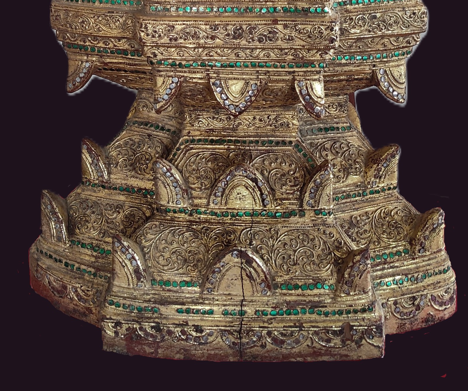 Late Konbaung Period Buddha -Tiered throne 3 Burmese Buddha Statue Base with glasso Mosaics and Thayo Lacquer - Onate pedestal