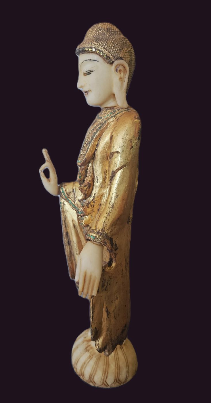 Early Mandalay Wood - Alabaster Buddha 1 Burmese Early Mandalay Buddha Statue - side profile showing hand gestures (mudra)