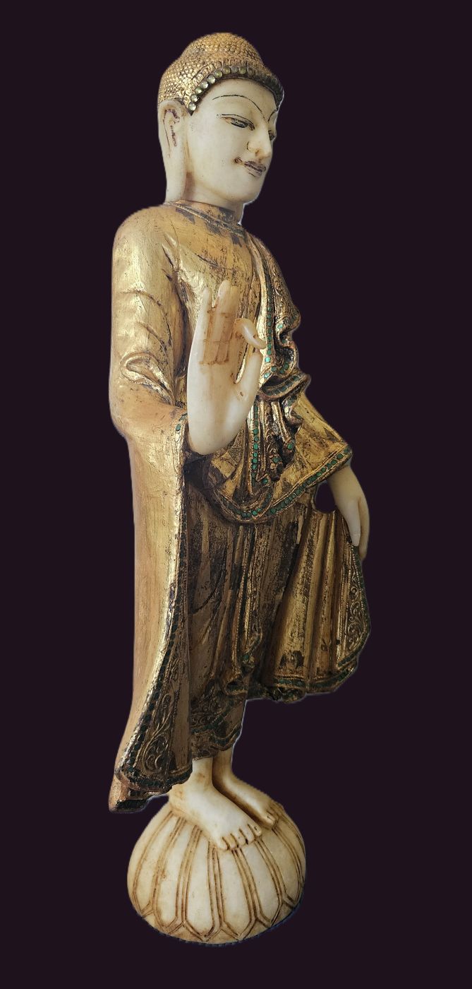 Early Mandalay Wood - Alabaster Buddha 4 Burmese Mandalay Standing Buddha - Side Profile
