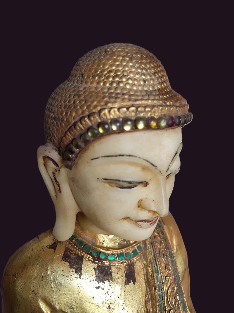 Early Mandalay Wood - Alabaster Buddha 3 Face View Early mandalay Wood and Alabaster Buddha Statue