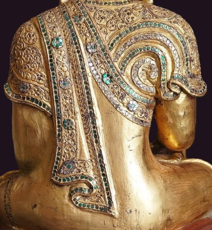 Burmese Mandalay Wood Buddha Statue 1 Glass Mosiac and Theyo Lacquer Decoration Mandalay Buddha - Close view