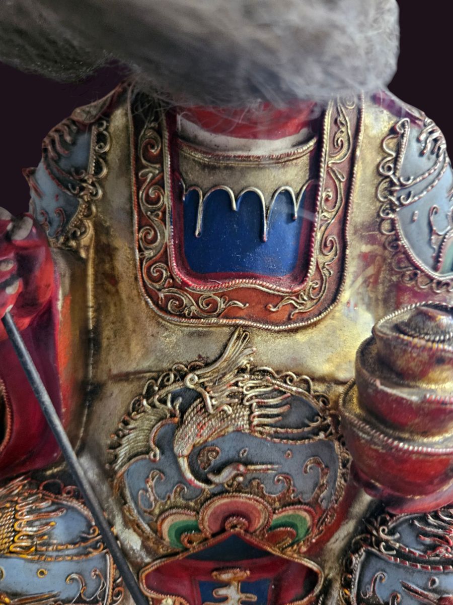 Taoist Temple Deity Tu Di Gong 2 Crane motif on abdomen of Tu Di Gong Toaist Deity 1