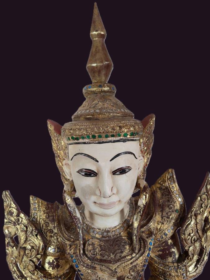 Burmese Mandalay Lokapala - Deva Nat 4 Face view Burmese Deva Nat with stone inlay eyes and decorative usnisha and large earrings