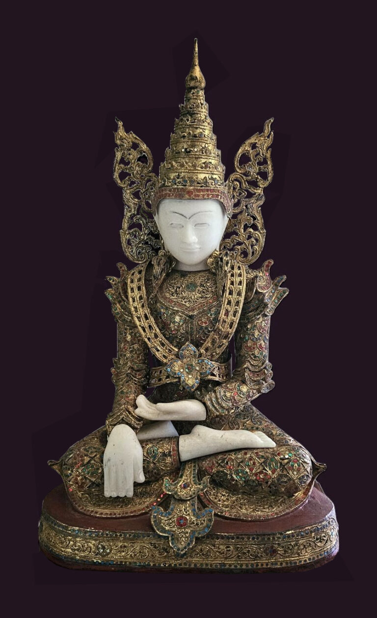 Mandalay Crowned Buddha: Alabaster & Wood