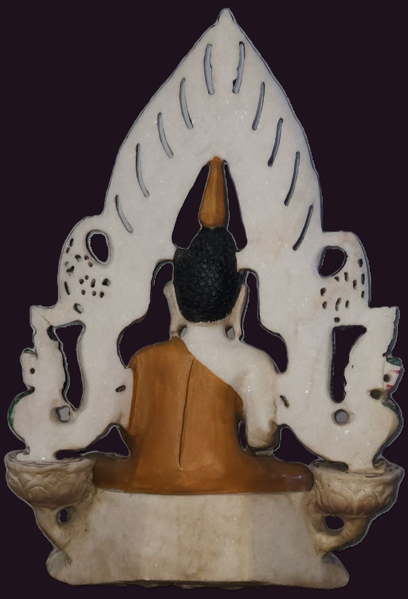 Circa 1880-1910 Burmese Marble Phitsanulok Buddha 3 Back View of Marble Burmese Phitsanulok Style Buddha with large flame aureola