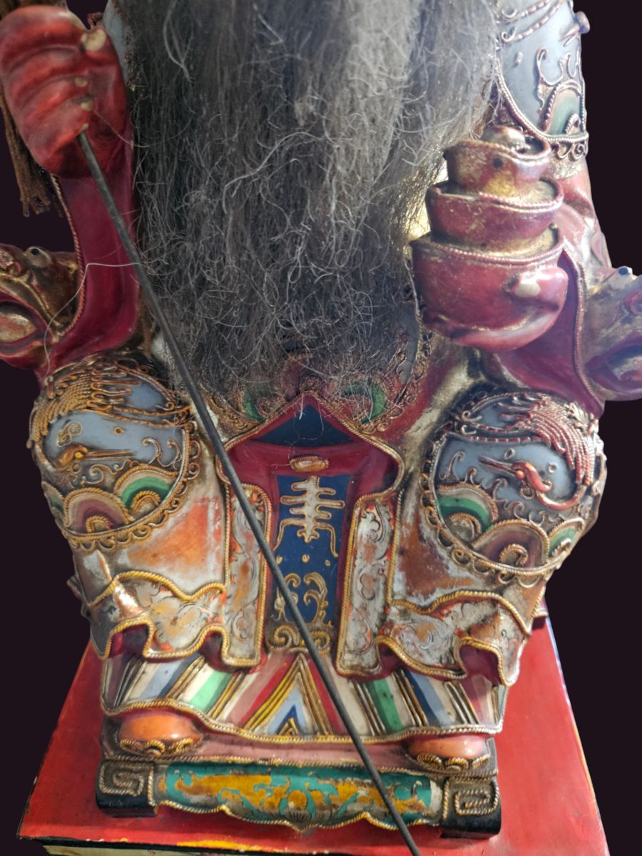 Taoist Temple Deity Tu Di Gong 5 Peacock motifs on knees of Tu Di Gong