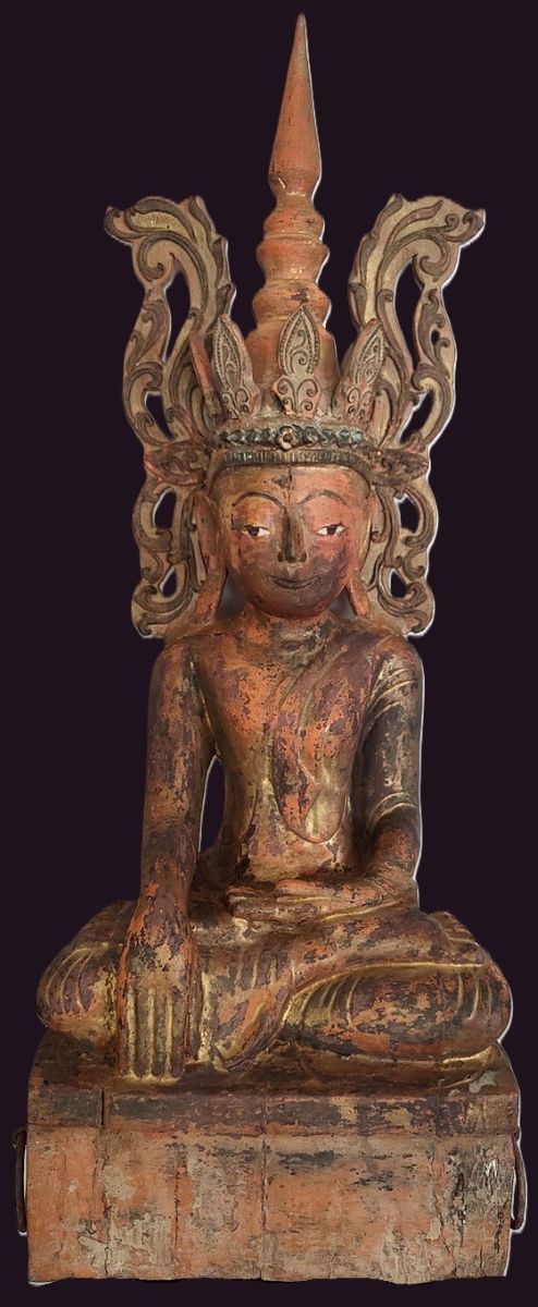 18th Century Shan Tai Yai Crowned Wood Buddha Statue
