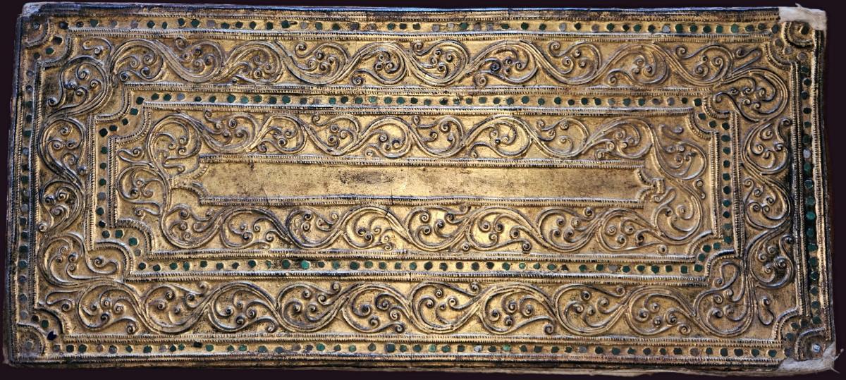 Burmese Shan Concertina Parabaik Manuscript 2 Gilded front cover Burmese Concertina Parabaik manuscript