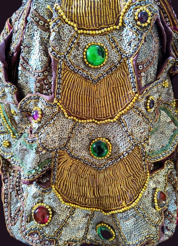 Burmese Puppet Mythological Garuda Bird 10 Close view clothing on Burmese Garuda Puppet - glass and sequins