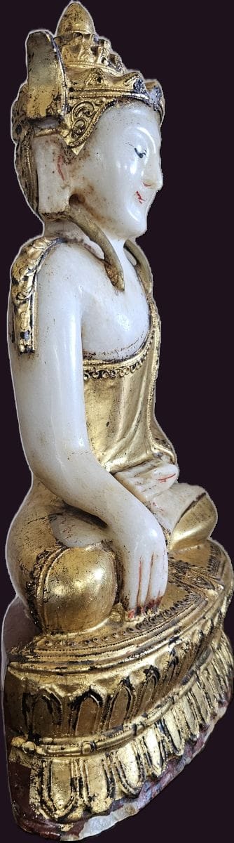 Antique Burmese Crowned Marble Buddha 2 Burmese Marble Crowned Buddha Statue - Side profile