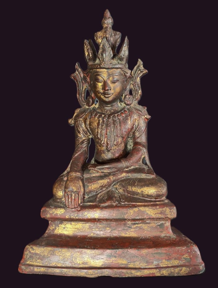 17th C Burmese Bronze Arakan Crowned Buddha Statue