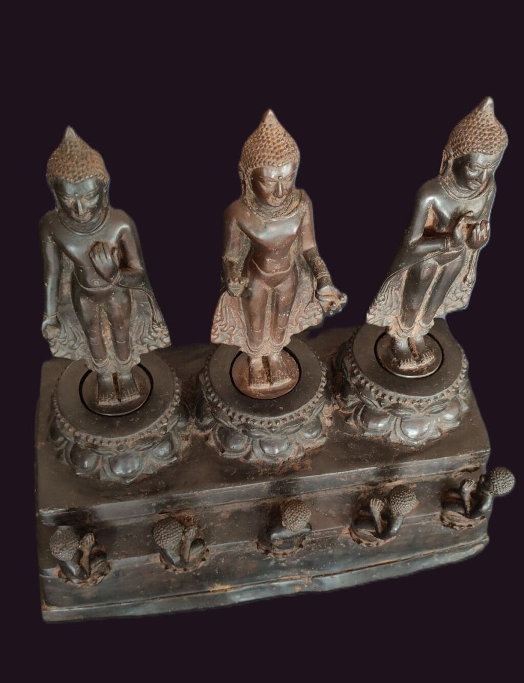 Burmese Bronze Buddha Triad - Standing on Shrine