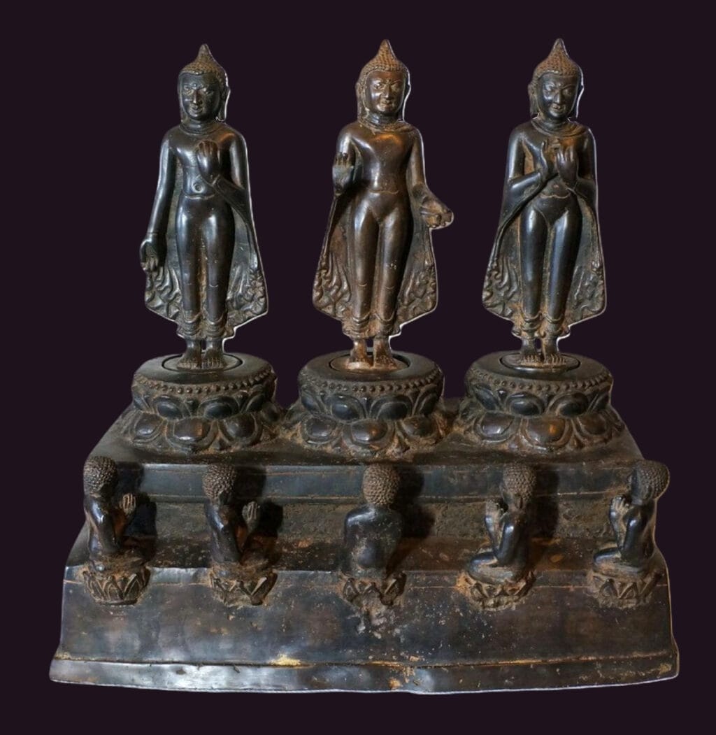 Antique Burmese Bronze Buddha Triad Shrine