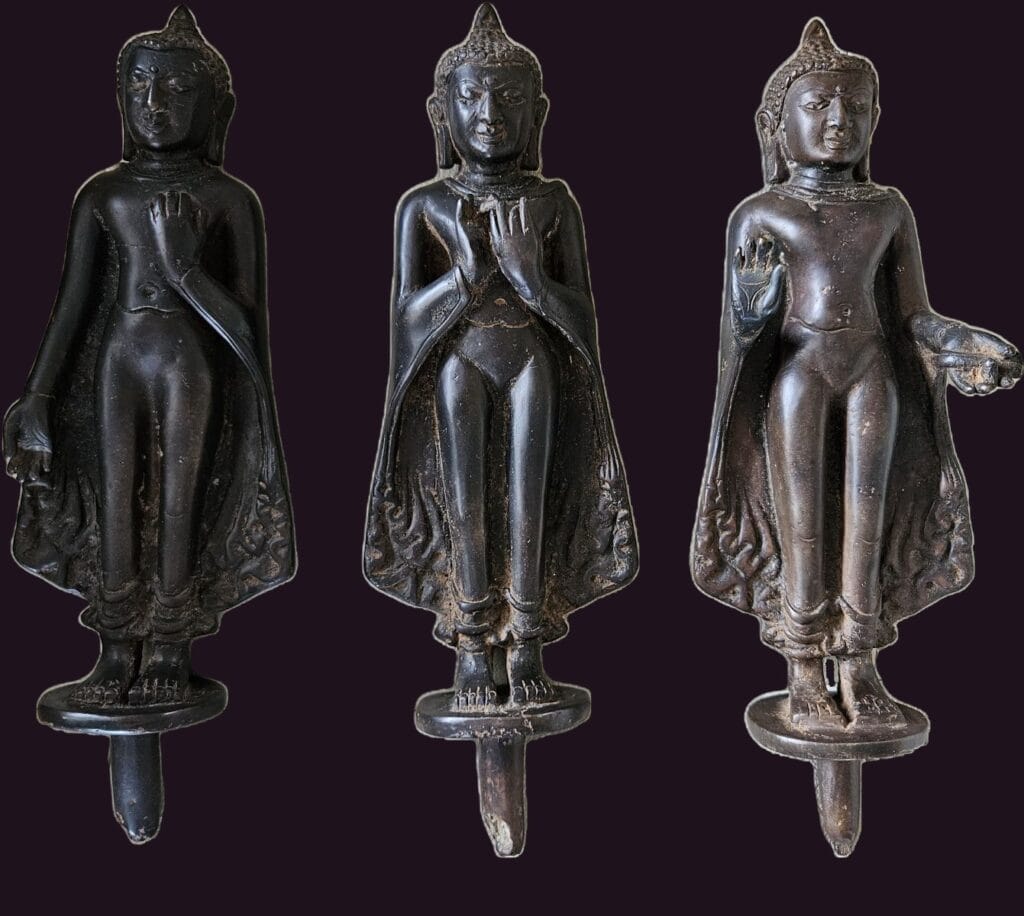 Front view Burmese Bronze Standing Buddha Triad
