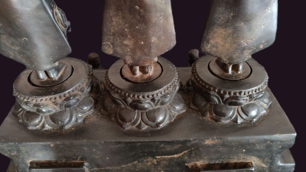 Lower view of Burmese Bronze Buddhist Triad on Lotus Pedestal